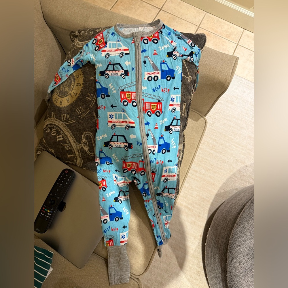 Little Sleepies Blue Fire Truck Baby Onesie